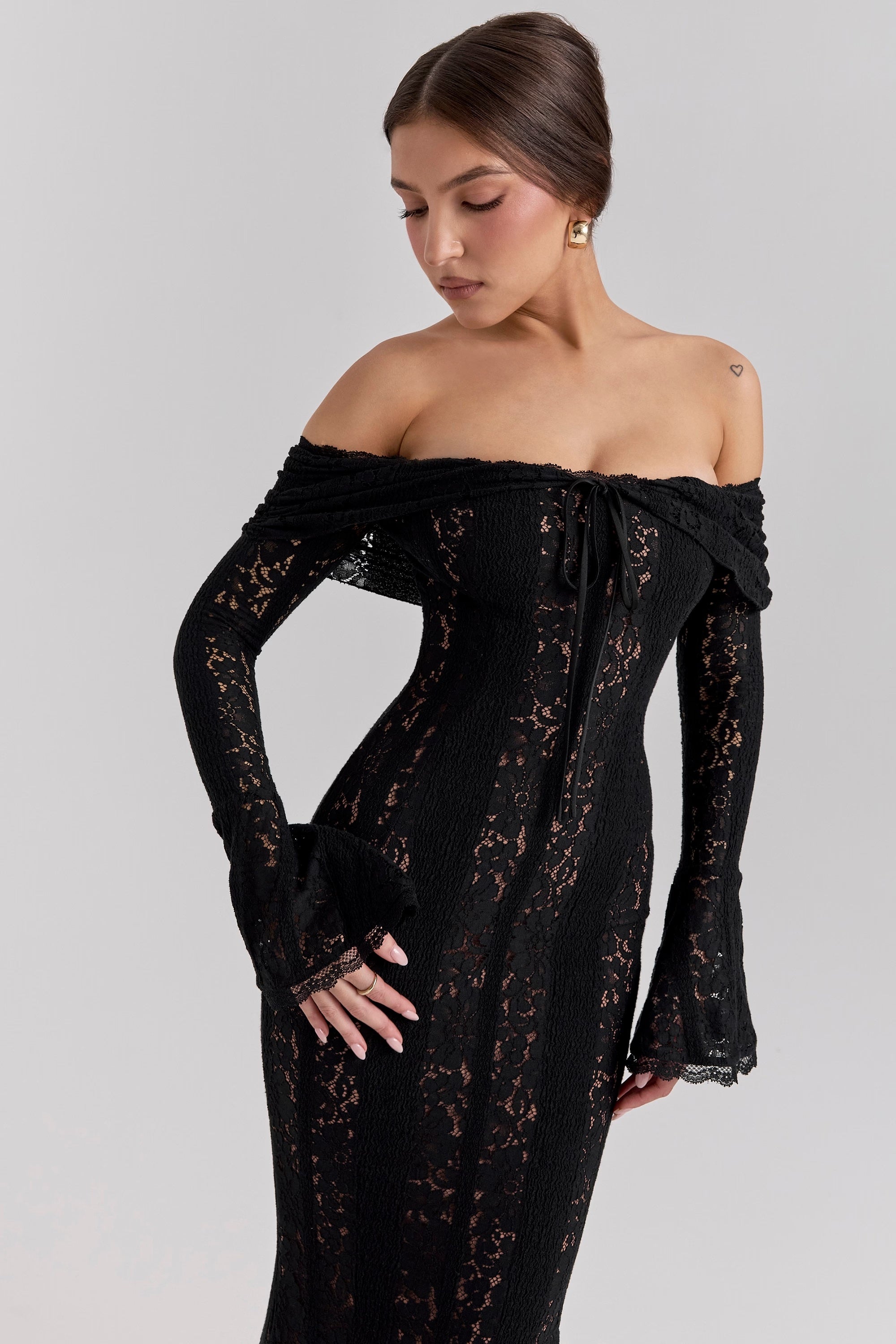 house of cb belle maxi dress 'Belle' Red Off Shoulder Floral Lace Maxi Dress